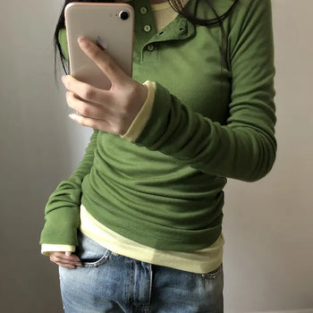 Tenre Layered Tencel Button Long Sleeve T-shirt