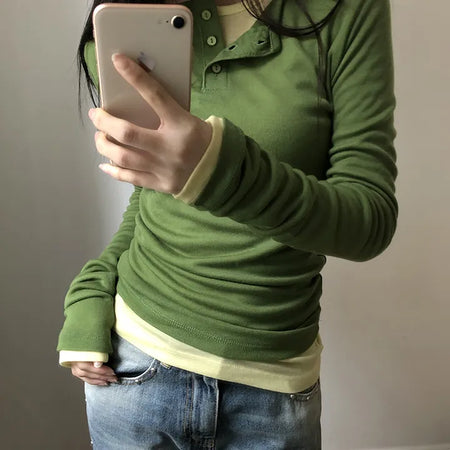 Tenre Layered Tencel Button Long Sleeve T-shirt