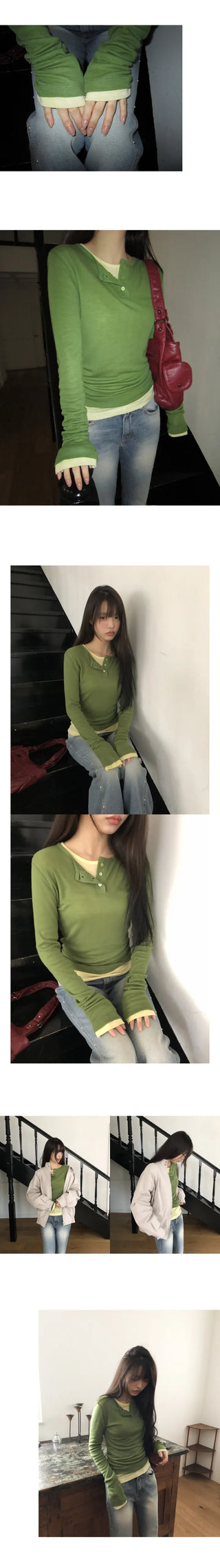 Tenre Layered Tencel Button Long Sleeve T-shirt