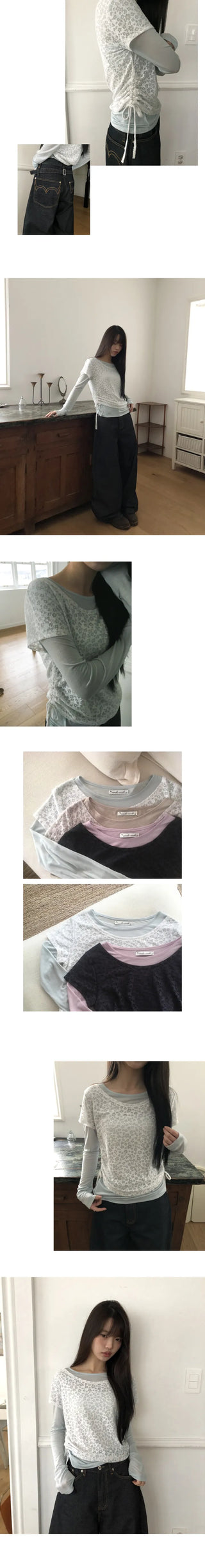 Ronen Shirred Short Sleeve Layered Tencel Long Sleeve T-shirt