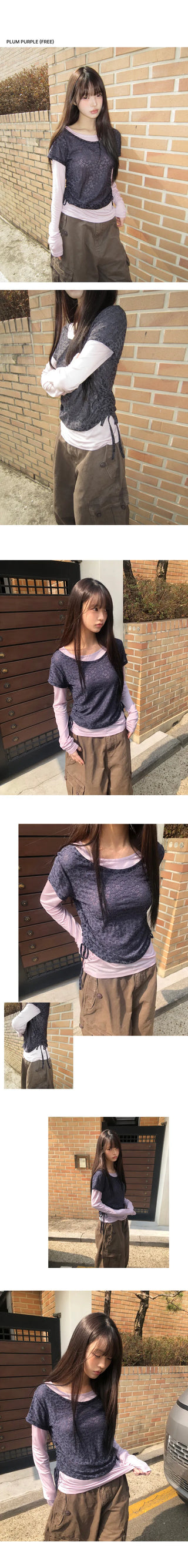 Ronen Shirred Short Sleeve Layered Tencel Long Sleeve T-shirt