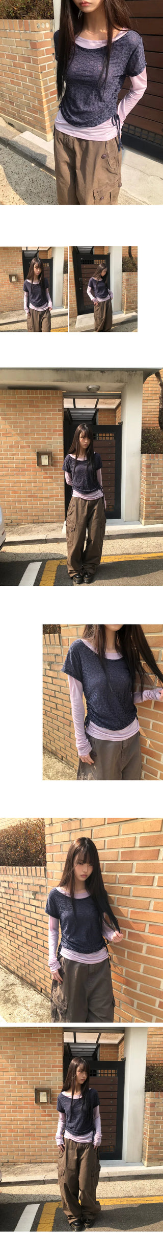Ronen Shirred Short Sleeve Layered Tencel Long Sleeve T-shirt