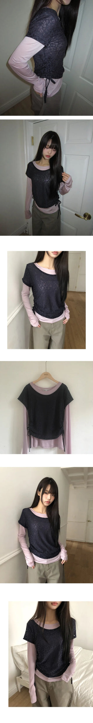 Ronen Shirred Short Sleeve Layered Tencel Long Sleeve T-shirt