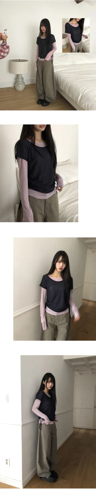 Ronen Shirred Short Sleeve Layered Tencel Long Sleeve T-shirt