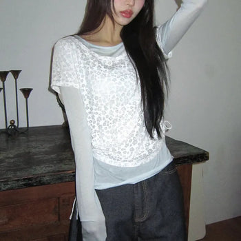 Ronen Shirred Short Sleeve Layered Tencel Long Sleeve T-shirt