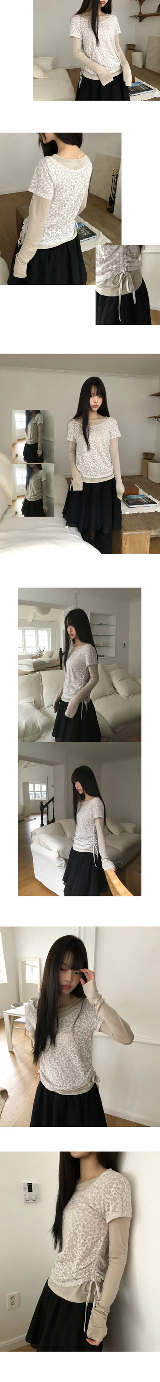 Ronen Shirred Short Sleeve Layered Tencel Long Sleeve T-shirt