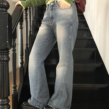 Shiroon Stud Cut Bootcut Washed Denim Pants