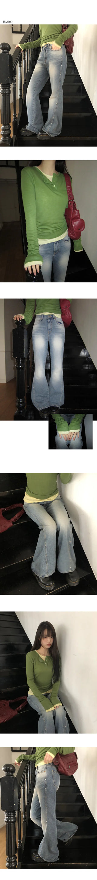 Shiroon Stud Cut Bootcut Washed Denim Pants