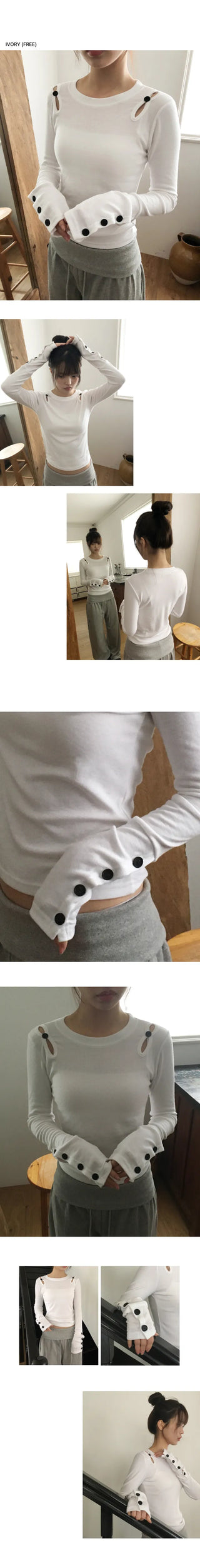 Juen Shoulder Slit Button Long Sleeve T-shirt