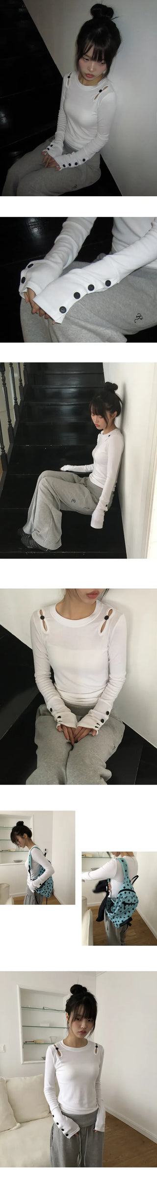 Juen Shoulder Slit Button Long Sleeve T-shirt