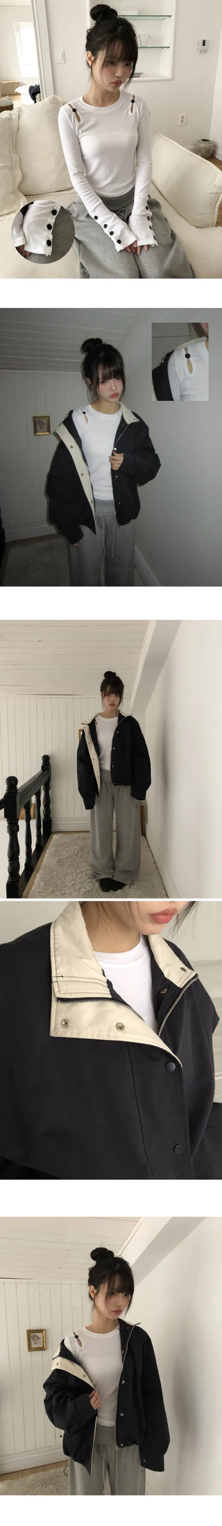 Juen Shoulder Slit Button Long Sleeve T-shirt