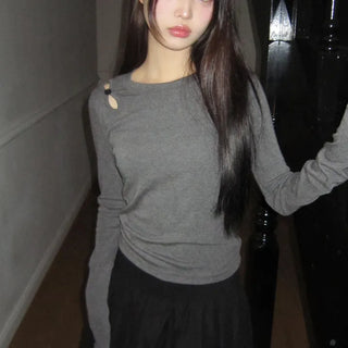 Juen Shoulder Slit Button Long Sleeve T-shirt