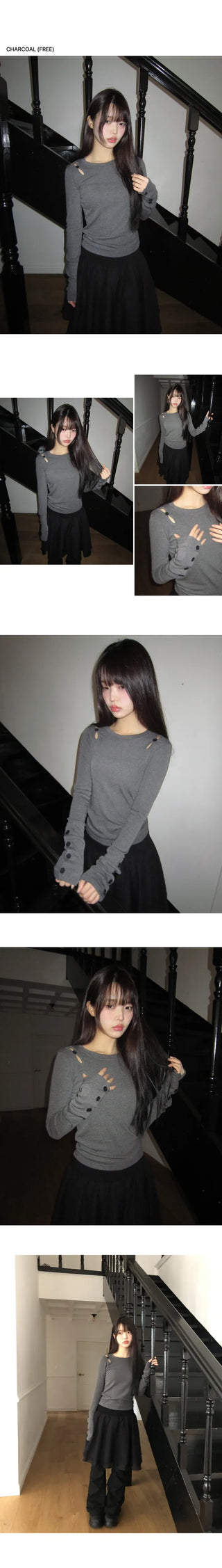 Juen Shoulder Slit Button Long Sleeve T-shirt