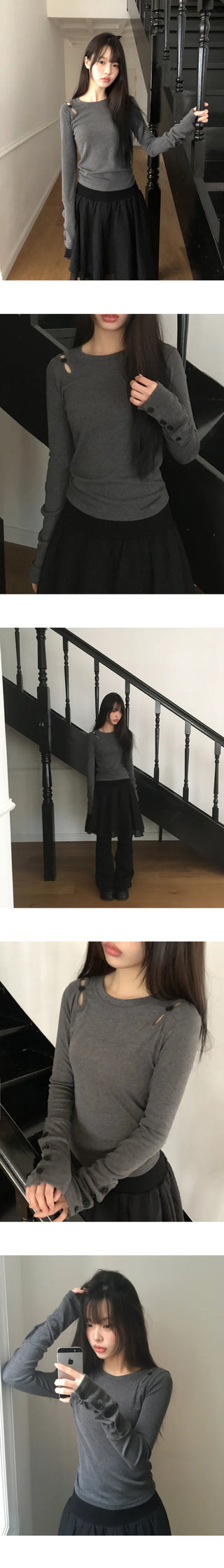 Juen Shoulder Slit Button Long Sleeve T-shirt