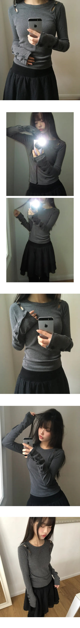 Juen Shoulder Slit Button Long Sleeve T-shirt