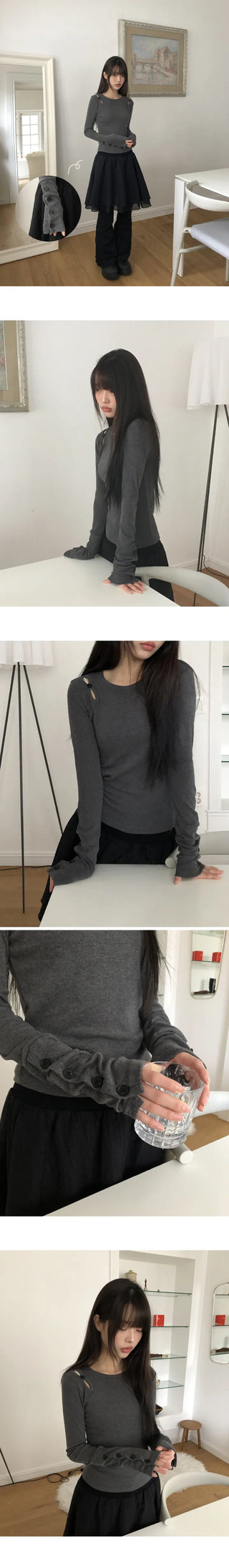 Juen Shoulder Slit Button Long Sleeve T-shirt