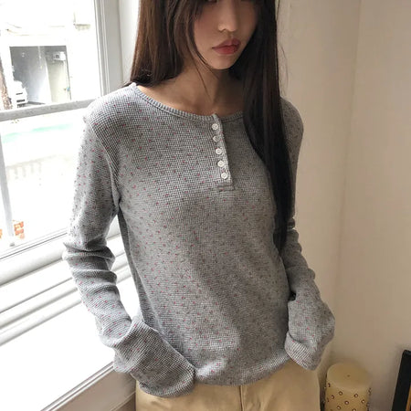Maem Flower Waffle Henley Neck Long Sleeve T-shirt