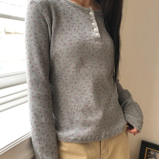 Maem Flower Waffle Henley Neck Long Sleeve T-shirt