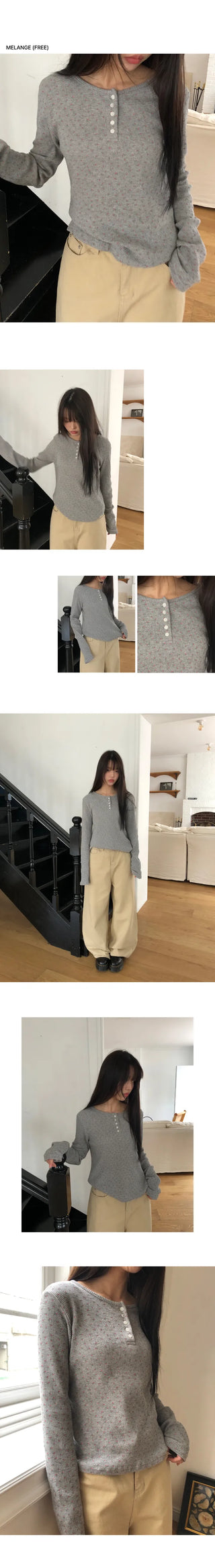 Maem Flower Waffle Henley Neck Long Sleeve T-shirt