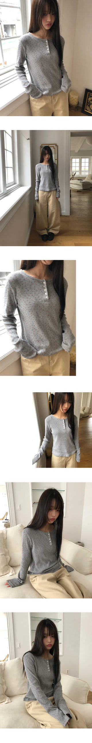 Maem Flower Waffle Henley Neck Long Sleeve T-shirt