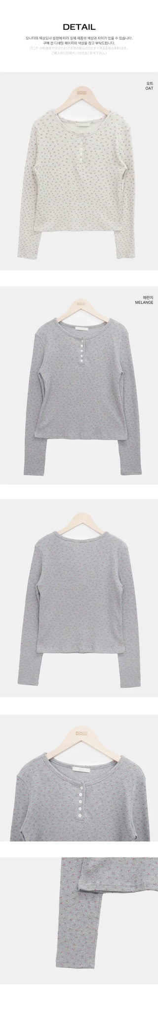 Maem Flower Waffle Henley Neck Long Sleeve T-shirt