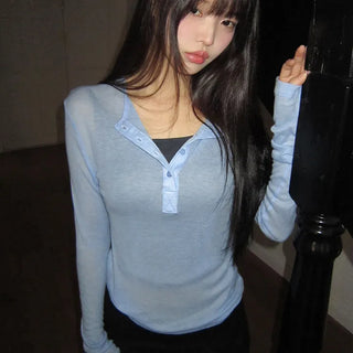 Pirun Tencel Layered Button Long Sleeve T-shirt