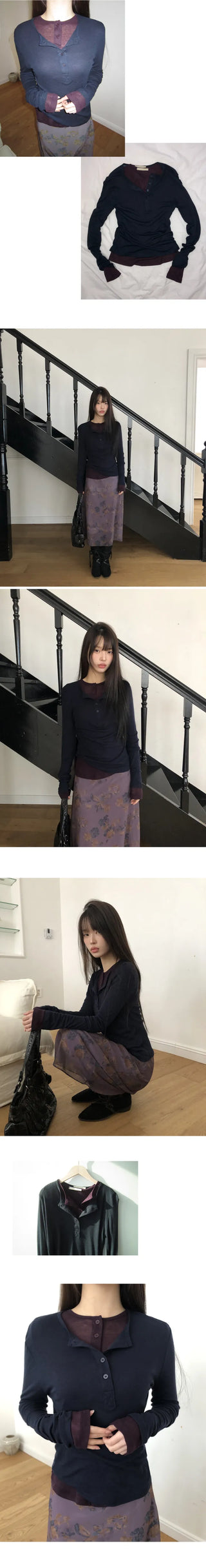 Pirun Tencel Layered Button Long Sleeve T-shirt