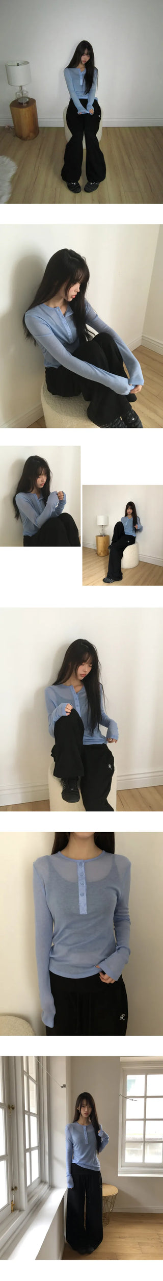 Pirun Tencel Layered Button Long Sleeve T-shirt