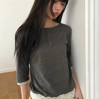 Fayu Flower Color Block Button 3/4 Sleeve T-shirt