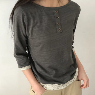 Fayu Flower Color Block Button 3/4 Sleeve T-shirt