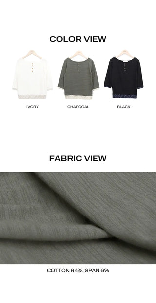 Fayu Flower Color Block Button 3/4 Sleeve T-shirt