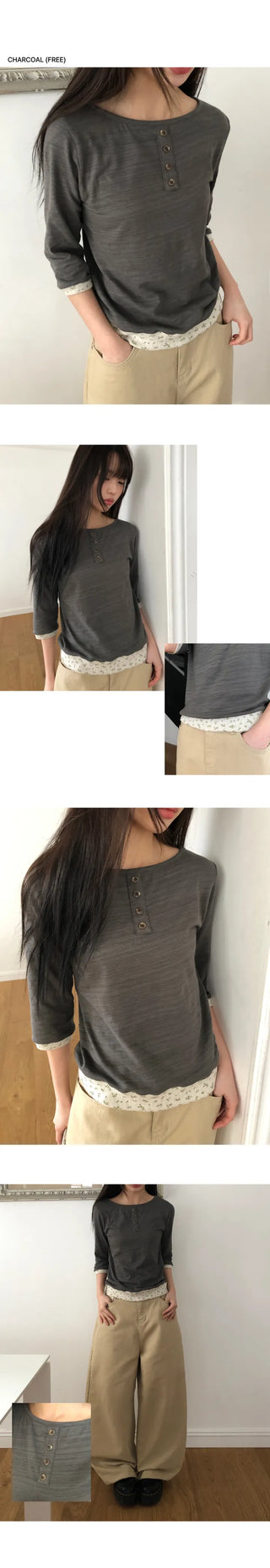 Fayu Flower Color Block Button 3/4 Sleeve T-shirt
