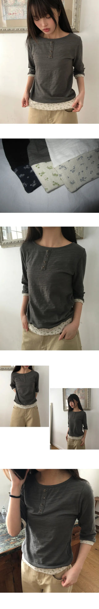 Fayu Flower Color Block Button 3/4 Sleeve T-shirt