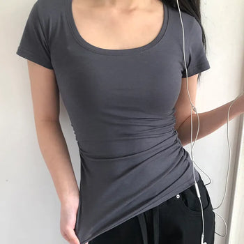 NER Deep U-Neck Round Side Shirred Short Sleeve T-Shirt