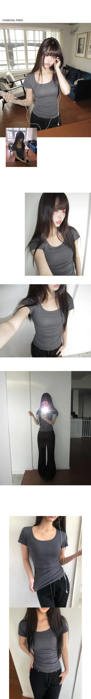 NER Deep U-Neck Round Side Shirred Short Sleeve T-Shirt
