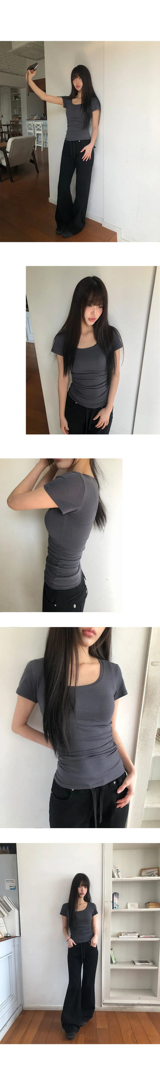 NER Deep U-Neck Round Side Shirred Short Sleeve T-Shirt