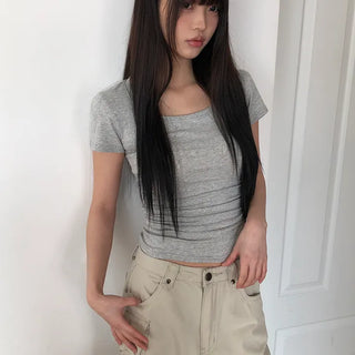 NER Deep U-Neck Round Side Shirred Short Sleeve T-Shirt