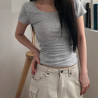 NER Deep U-Neck Round Side Shirred Short Sleeve T-Shirt