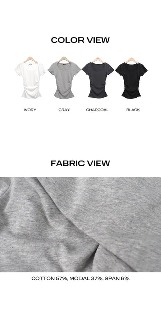 NER Deep U-Neck Round Side Shirred Short Sleeve T-Shirt