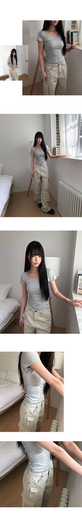 NER Deep U-Neck Round Side Shirred Short Sleeve T-Shirt