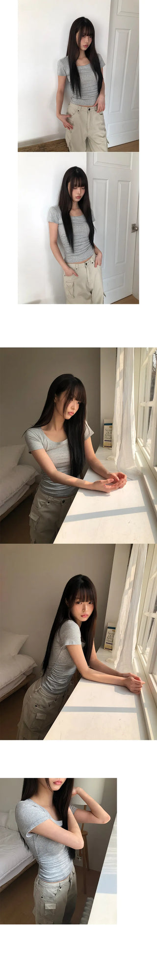 NER Deep U-Neck Round Side Shirred Short Sleeve T-Shirt