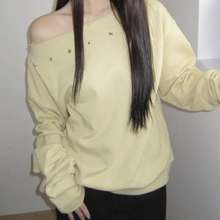 Tempu Star Studded Sleeve Shirred Off-Shoulder Sweatshirt