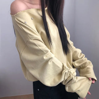 Tempu Star Studded Sleeve Shirred Off-Shoulder Sweatshirt