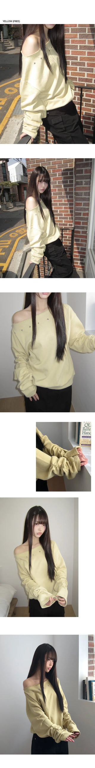 Tempu Star Studded Sleeve Shirred Off-Shoulder Sweatshirt