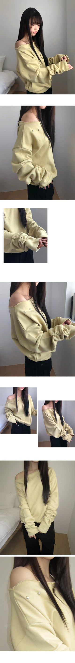 Tempu Star Studded Sleeve Shirred Off-Shoulder Sweatshirt