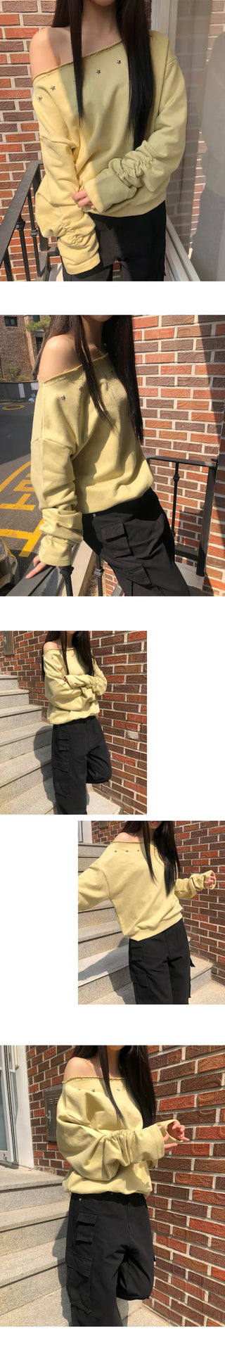 Tempu Star Studded Sleeve Shirred Off-Shoulder Sweatshirt