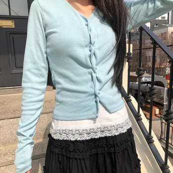 Duhi Twisted Button Long Sleeve Cardigan