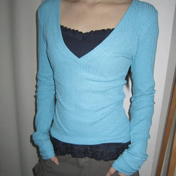 Lasom V-neck Slim Long Sleeve T-shirt