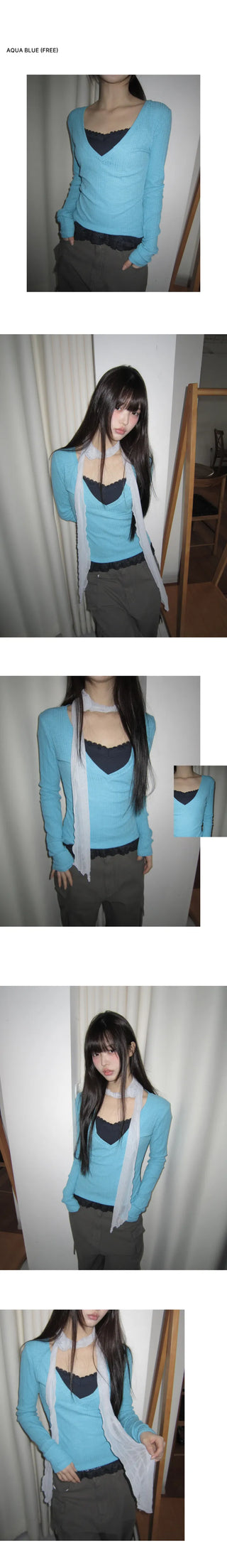 Lasom V-neck Slim Long Sleeve T-shirt