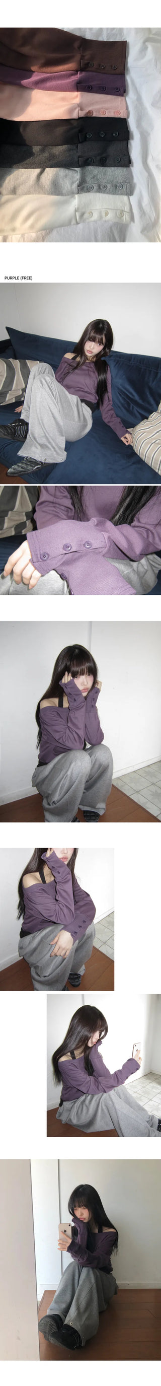 Kyuhin Sleeve Button One-Shoulder Sweatshirt